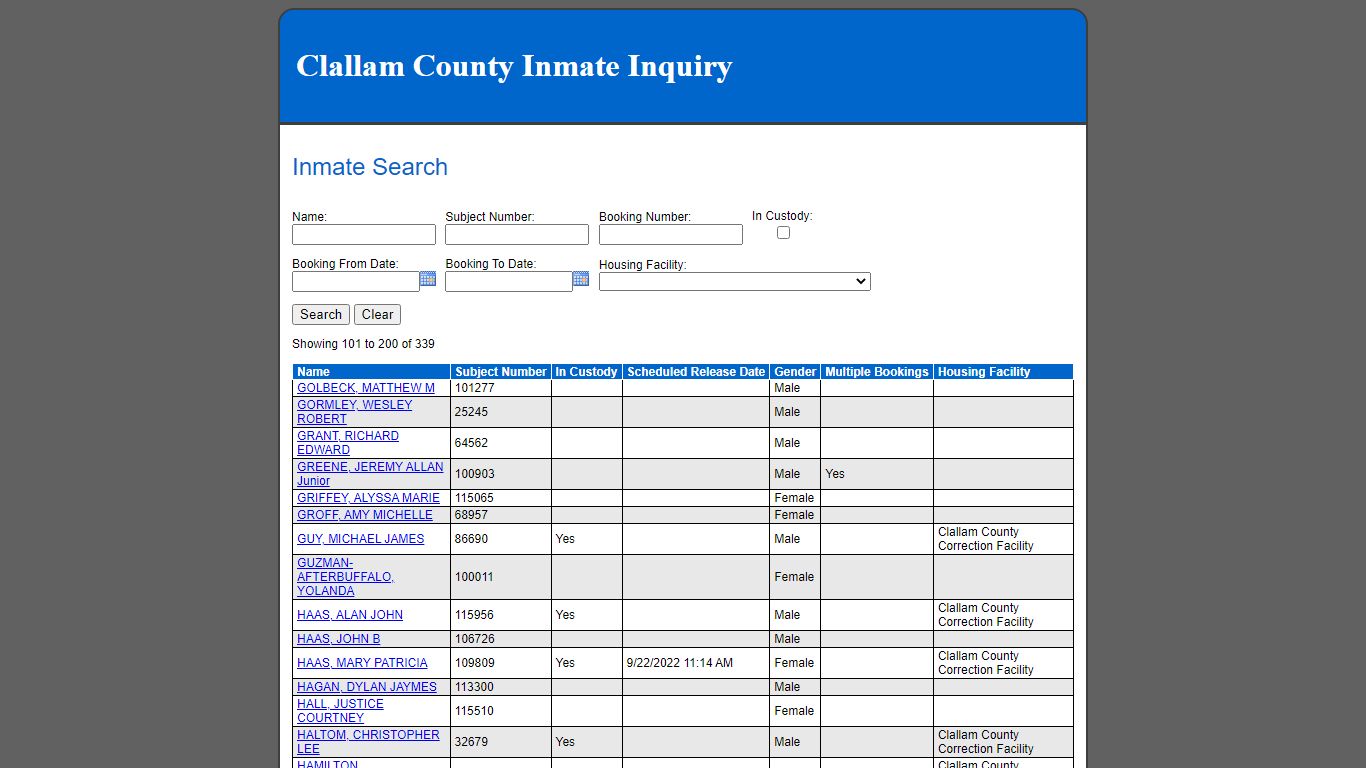 Inmate Search - Clallam County, Washington